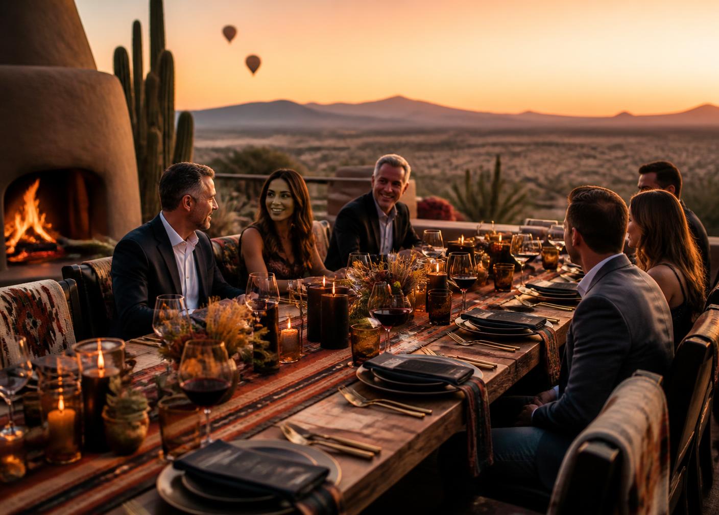 Guests gathered at a candlelit dinner table overlooking the New Mexico desert at sunset